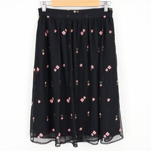 LOFT Floral Mesh Tulle Embroidered Whimsical Midi Skirt Pink Black 4 Petite